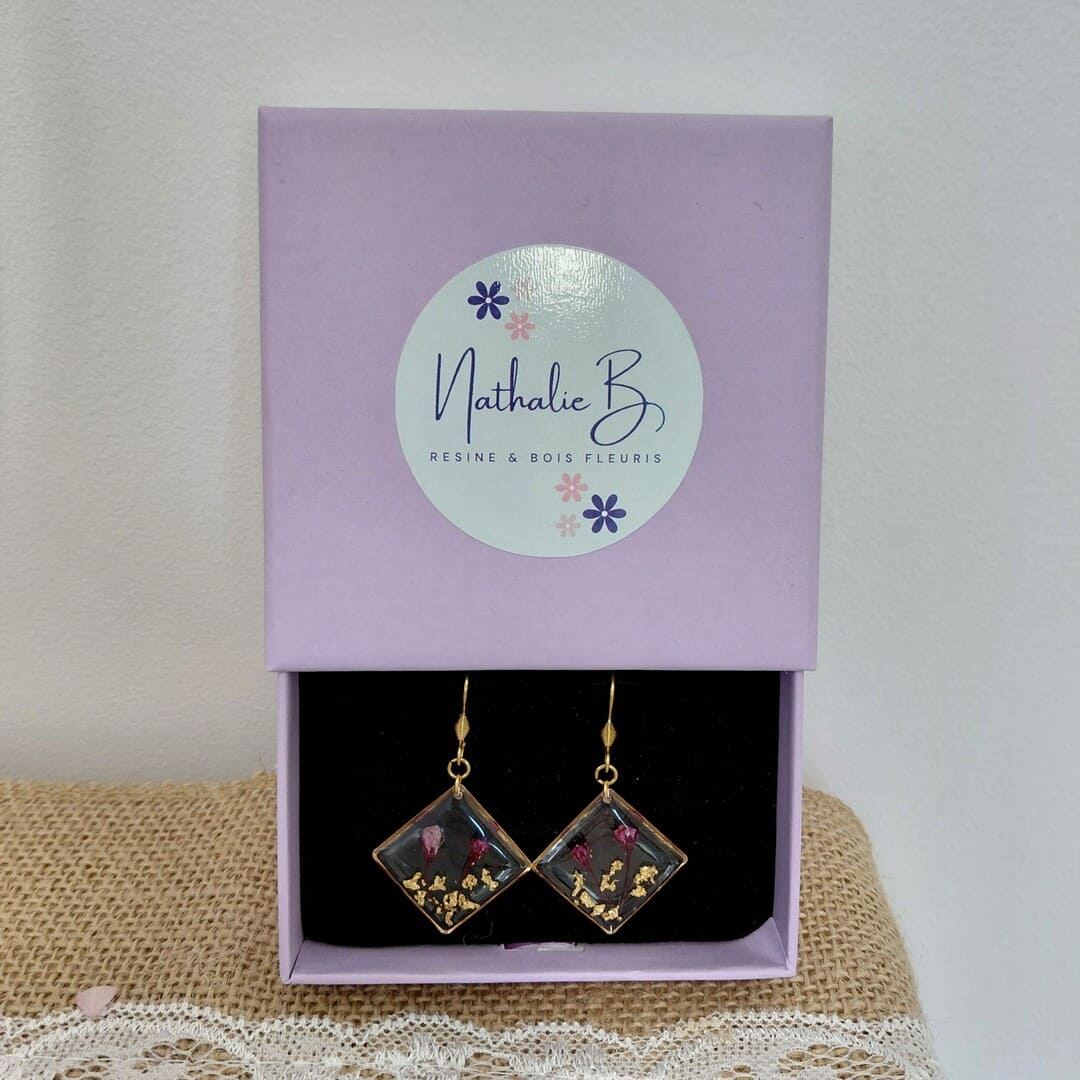 Boucles D'oreilles Carrées KALINGER En Résine Plaqué Or - Vintage, Taille S/M/L, Occasion En Très Bon état