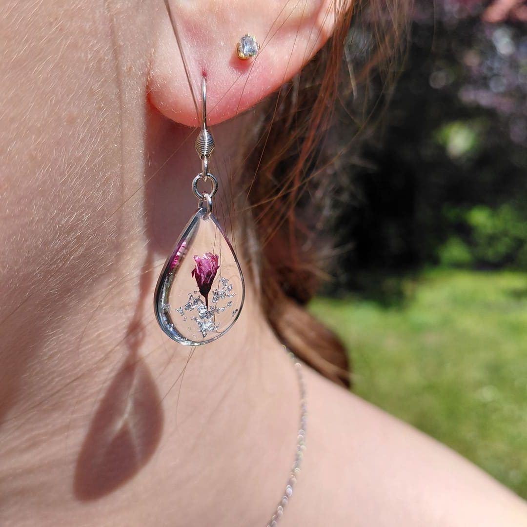 Boucles d'oreilles gouttes acier inoxydable couleur argent fleur de prunus