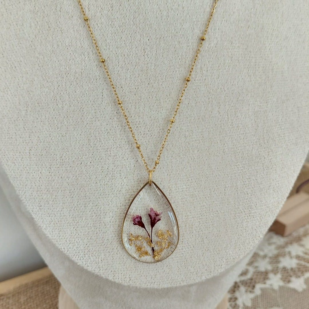 Collier goutte acier inoxydable couleur or fleurs de prunus